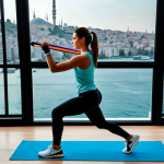"A woman in stylish sportswear, fully clothed, exercising with resistance bands in her modern Istanbul apartment, overlooking the Bosphorus. Safe for work, appropriate content, professional fitness photography, perfect anatomy, natural pose, modest clothing."