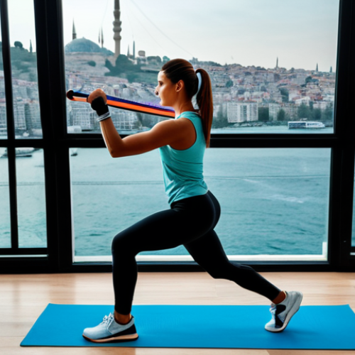"A woman in stylish sportswear, fully clothed, exercising with resistance bands in her modern Istanbul apartment, overlooking the Bosphorus. Safe for work, appropriate content, professional fitness photography, perfect anatomy, natural pose, modest clothing."