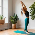 홈트 운동을 꾸준히 지속하기 - **A Serene Home Workout Corner:** A young woman, with a determined yet peaceful expression, is perfo...