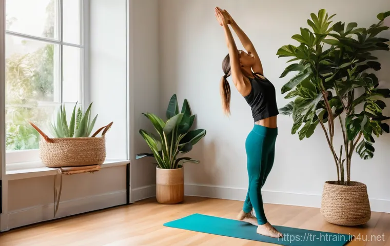 홈트 운동을 꾸준히 지속하기 - **A Serene Home Workout Corner:** A young woman, with a determined yet peaceful expression, is perfo...