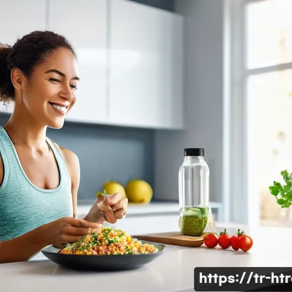 홈트 운동 후 식사 - **Post-Workout Nourishment at Home:** A fit woman in her late 20s, wearing a comfortable yet stylish...
