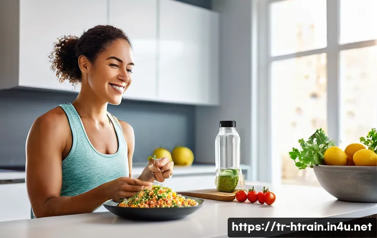홈트 운동 후 식사 - **Post-Workout Nourishment at Home:** A fit woman in her late 20s, wearing a comfortable yet stylish...
